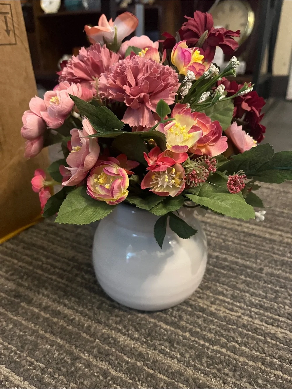 Pink Mixed Faux Floral Arrangement in White Ceramic Vase - Home Accents